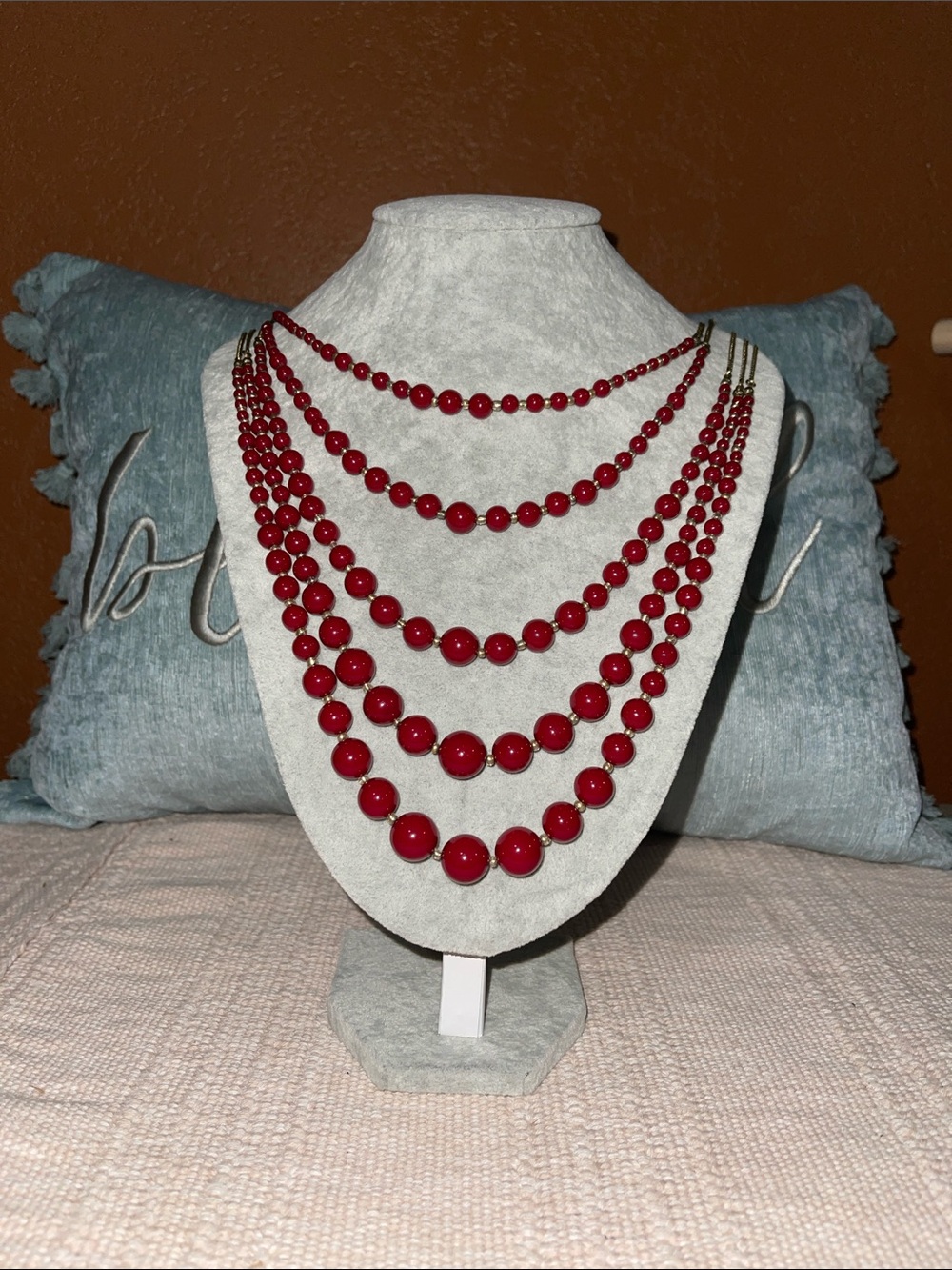 Multi-Strand Red Beaded Statement Necklace for Women